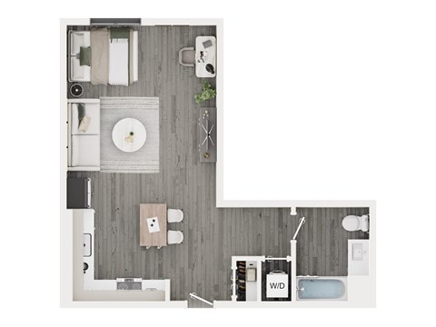A floor plan of a small apartment with a kitchen, living room, and bathroom.